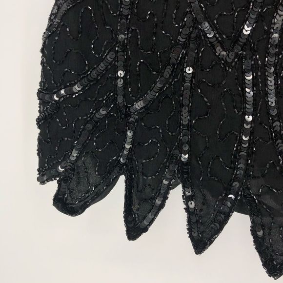 80’s Vintage Stenay Black Beaded Flapper Gatsby Zigzag Hem Short Sleeve Blouse - Picture 5 of 13